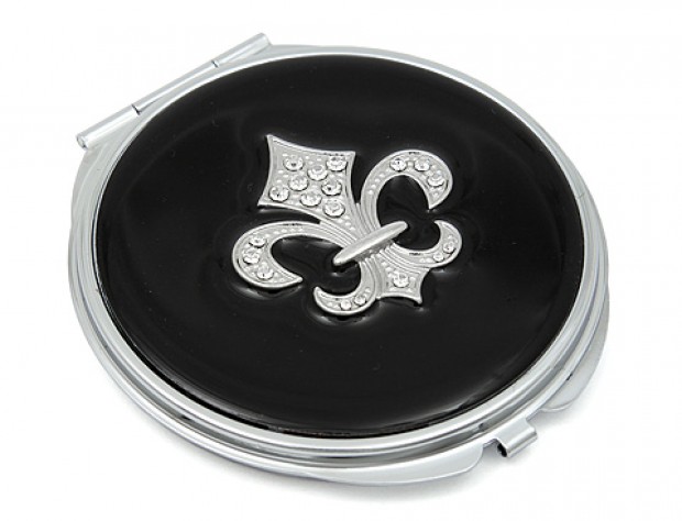 Pocket Mirror - Enamel w/ Rhinestone Fleur De Lis Charm -Black - MR-GM1259B